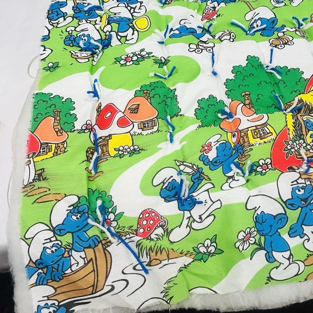 Vintage Smurfs Baby Blanket Quilt Project Unfinished Edges 48x42 Handmade 80s